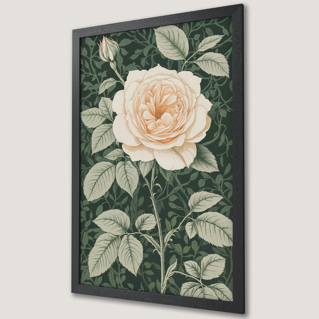 Framed Poster featuring a vintage-style rose illustration in a cream and green color palette, perfect wall art for your home.
