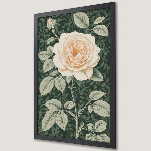 Framed Poster featuring a vintage-style rose illustration in a cream and green color palette, perfect wall art for your home.