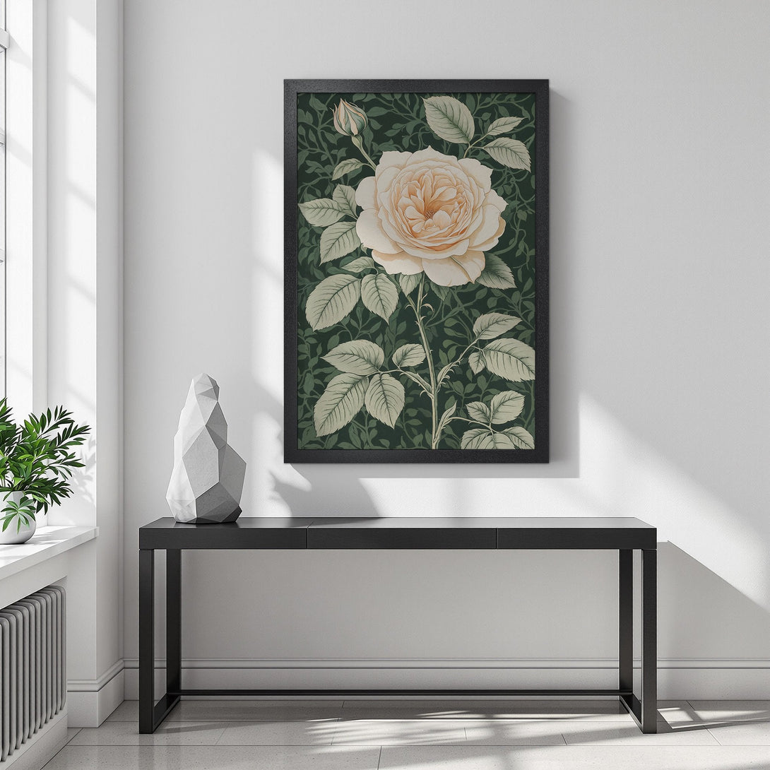 Framed Poster featuring a vintage rose illustration in a green and cream color palette. Perfect wall art for a touch of elegance.