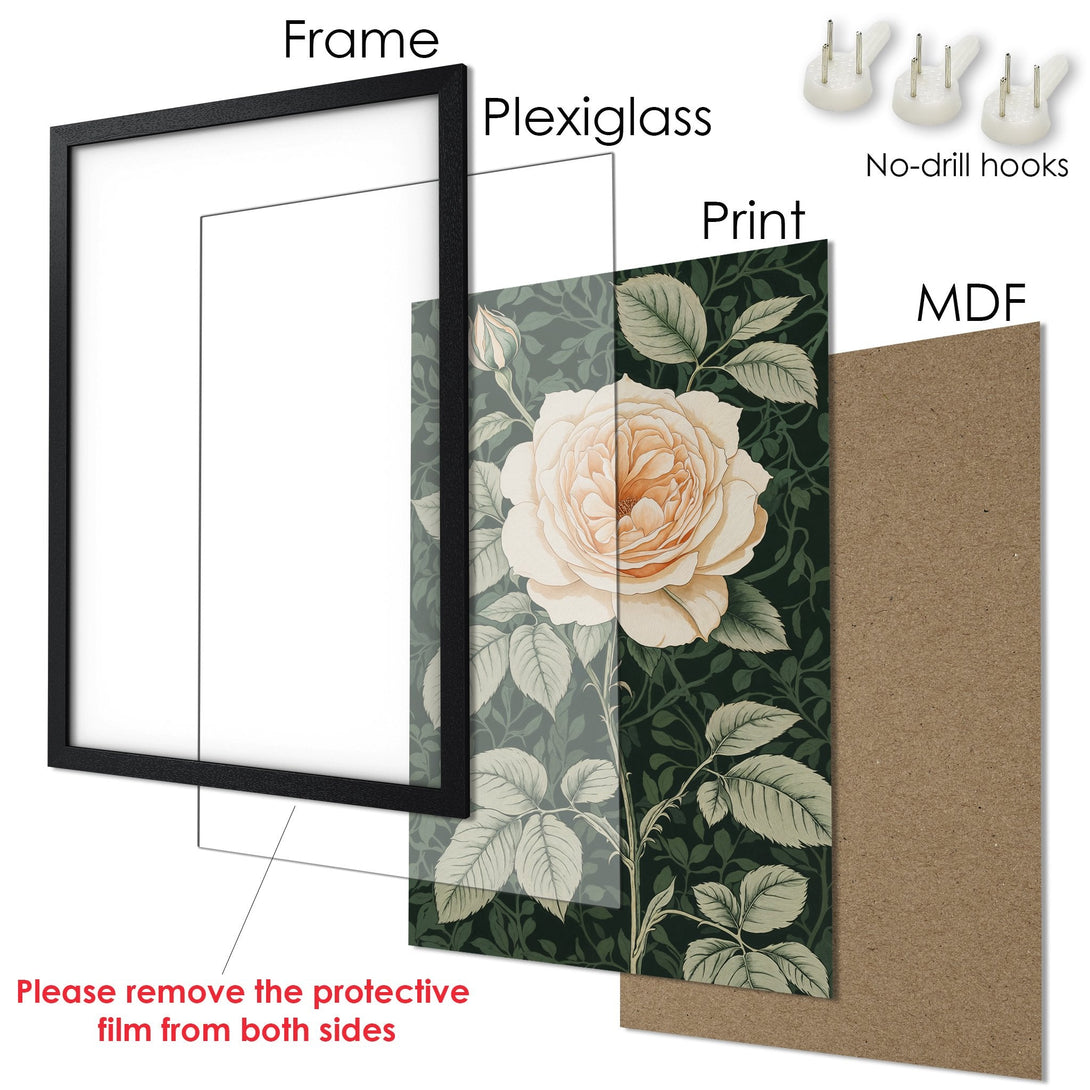 Framed Poster featuring a floral design in a botanical style with a green and beige color palette. Perfect wall art!