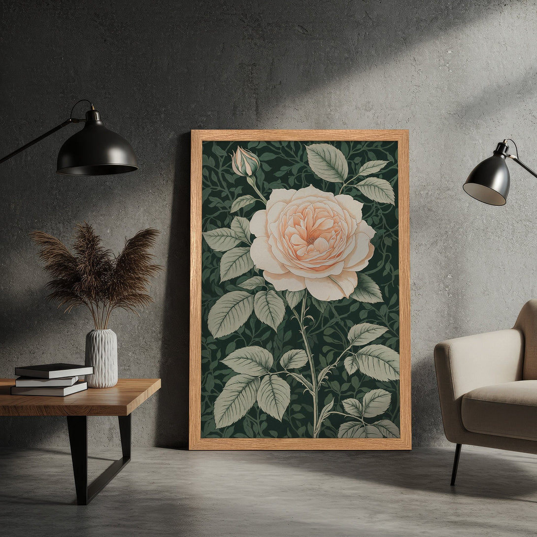 Framed Poster featuring a vintage-style rose illustration in a soft, earthy color palette. Perfect for home decor!