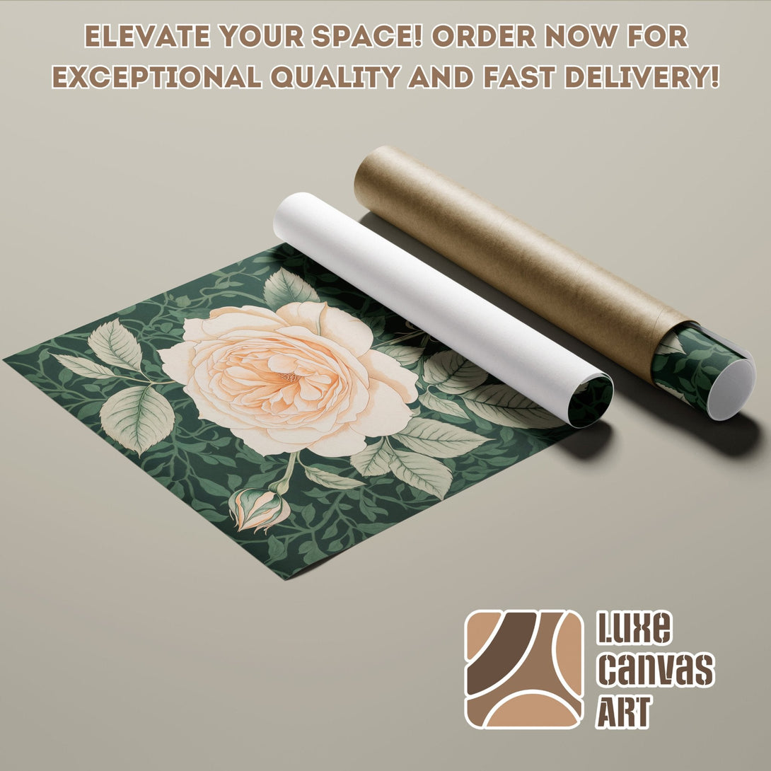 Poster Roll featuring a floral design in a green and peach color palette. Perfect wall art!
