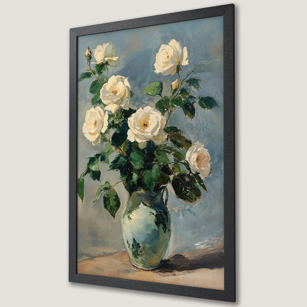 Framed Poster of white roses in a vase, impressionist style, with a soft blue and green color palette. Add a touch of elegance to your space!
