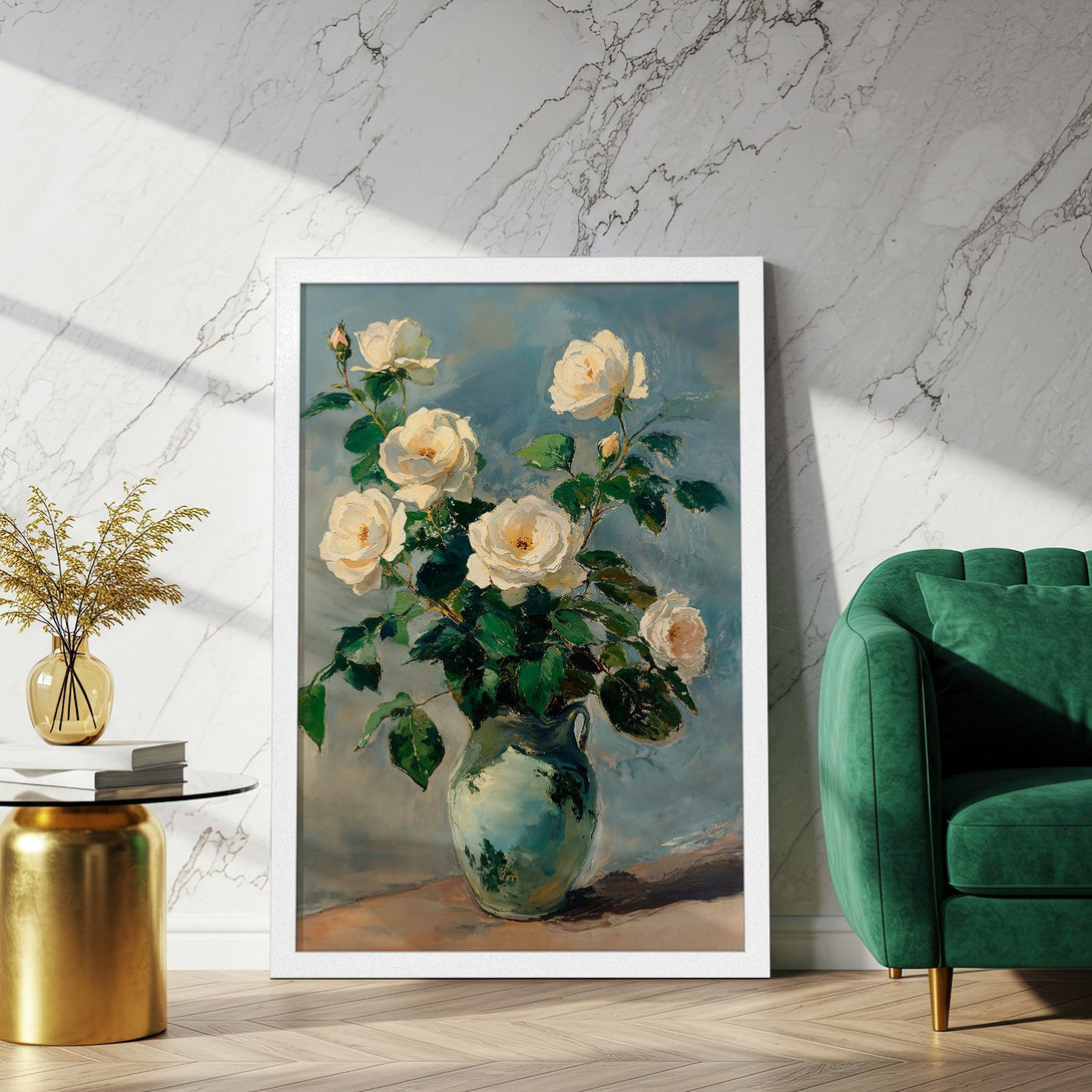 Framed Poster featuring a floral still life. Artistic style with a soft, pastel color palette. Perfect wall art for any room.