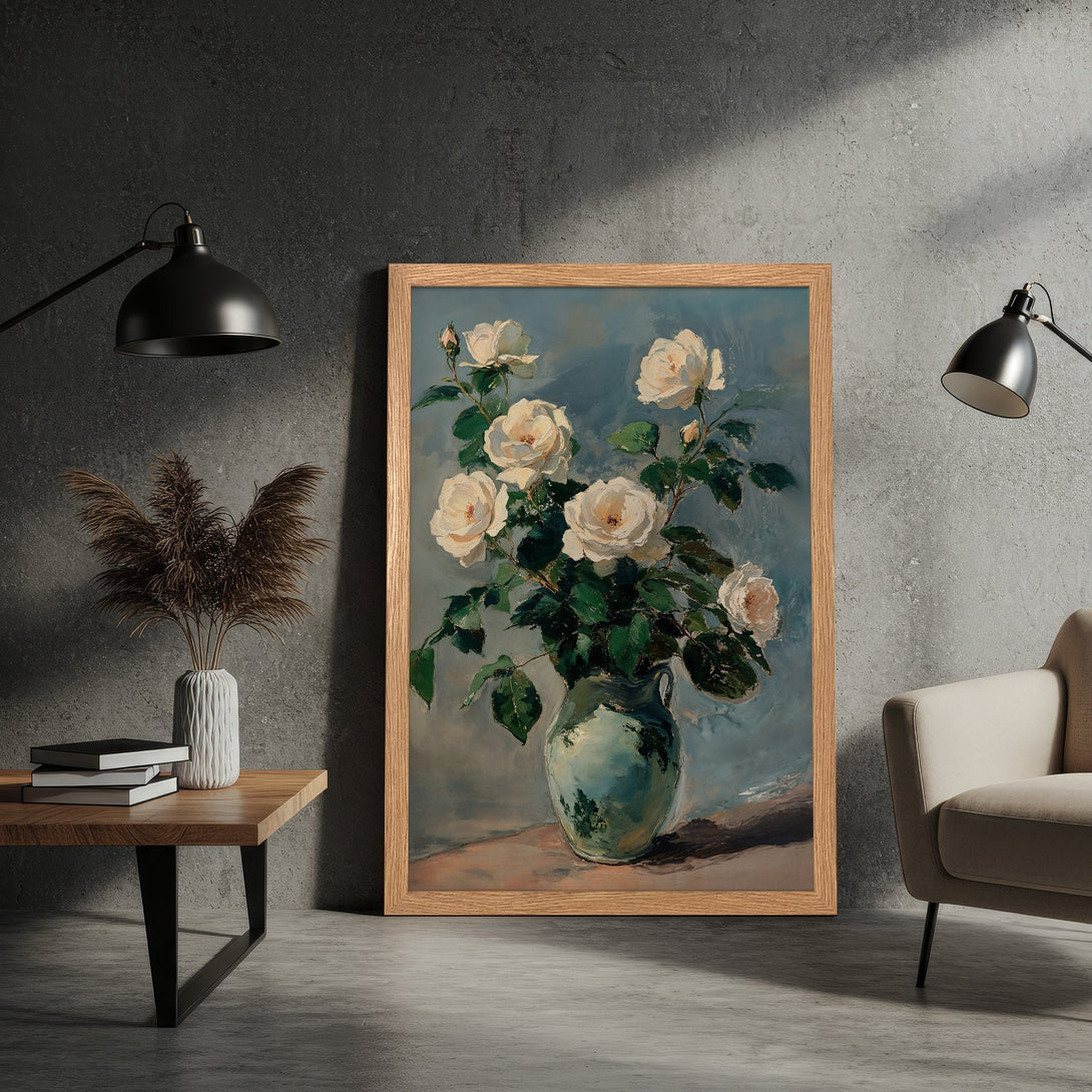 Framed Poster featuring a floral still life in a classic style with a soft blue and cream color palette. Perfect wall art!