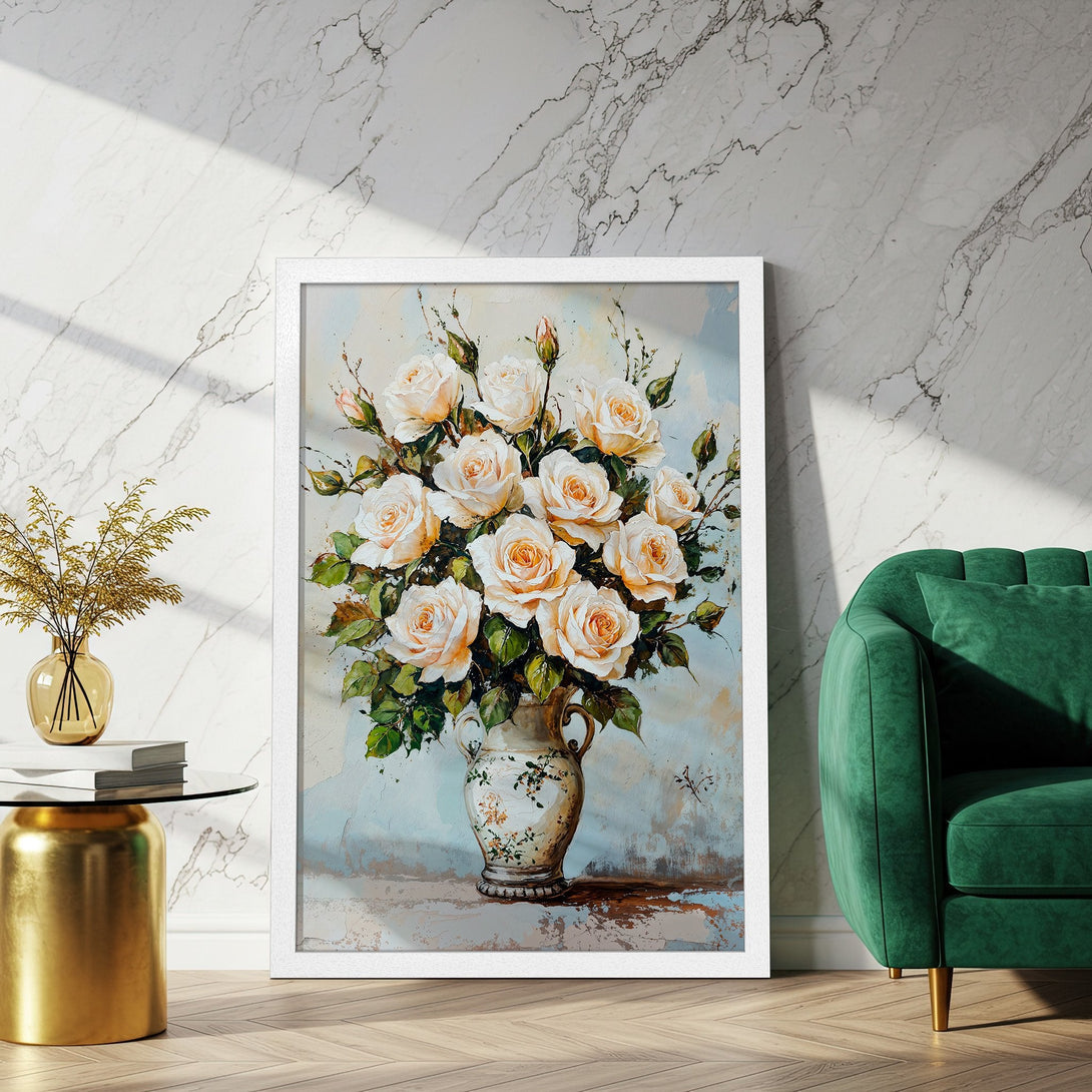 Framed Poster featuring a floral still life. Soft, romantic style with a warm, neutral color palette. Perfect wall art for any room!