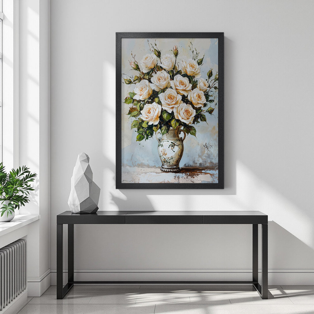 Framed Poster featuring a floral still life of white roses. Elegant art print with a soft, neutral color palette. Perfect for home decor.