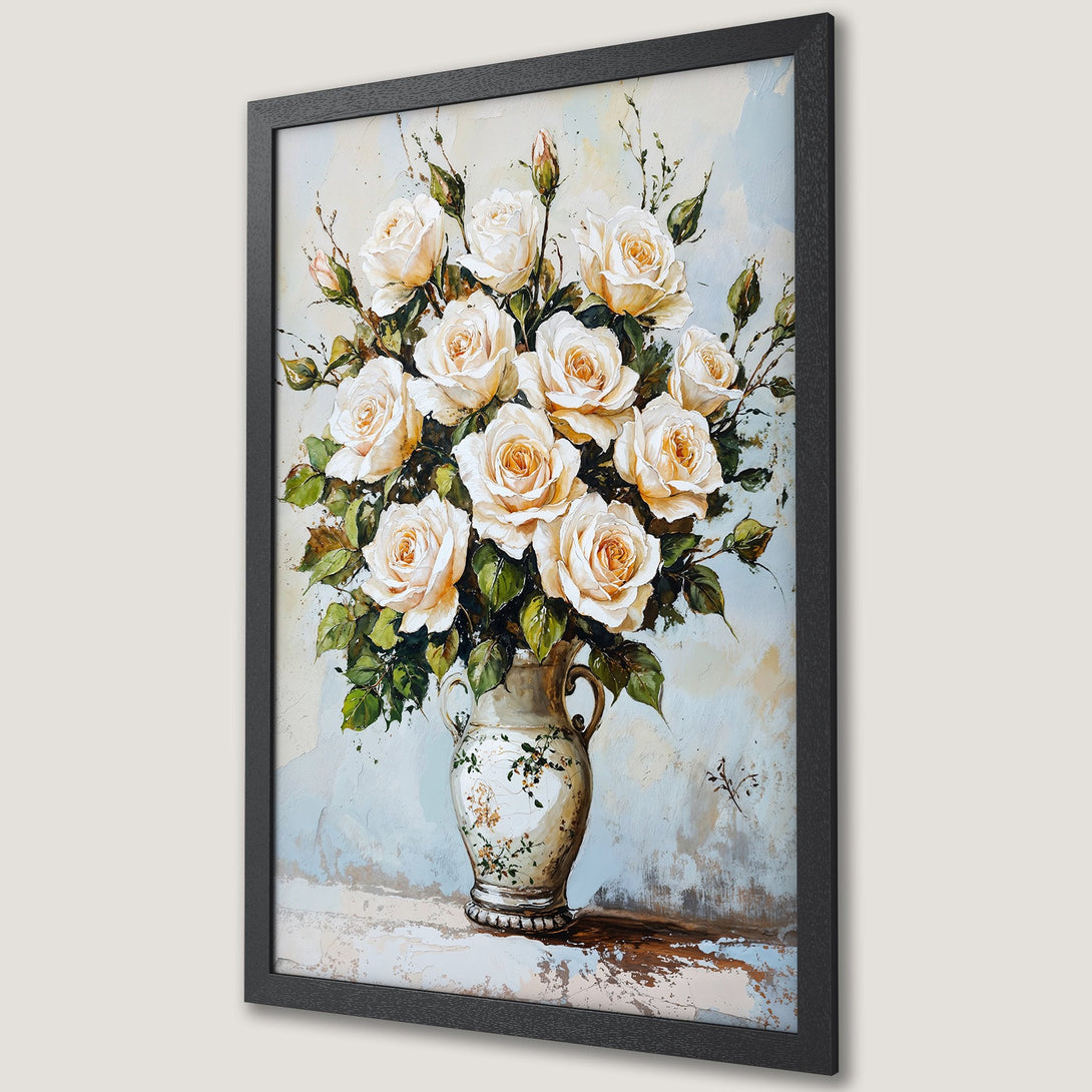 Framed Poster featuring a beautiful floral still life with white roses and a vintage vase. Soft, pastel color palette. Perfect wall art!