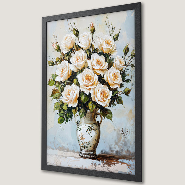 Framed Poster featuring a beautiful floral still life with white roses and a vintage vase. Soft, pastel color palette. Perfect wall art!