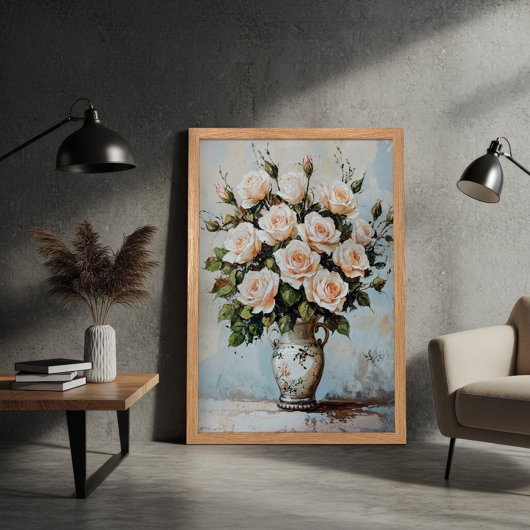 Framed Poster featuring a bouquet of roses in a vase, painted in a vintage style with a soft, neutral color palette. Perfect home decor.