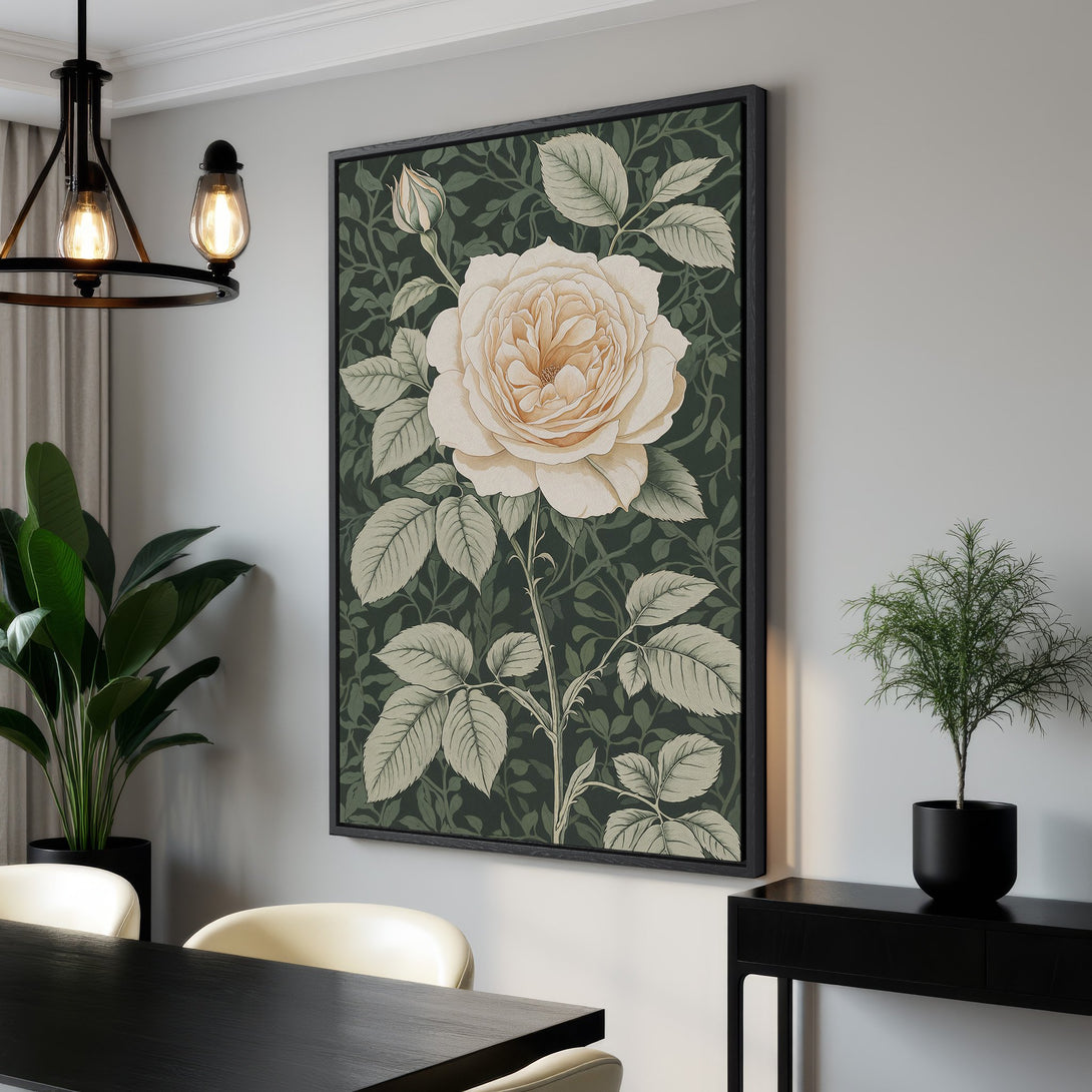 Framed Wall Art: Elegant floral Canvas Print featuring a cream rose on a green background. Perfect for adding a touch of nature and style to any room.