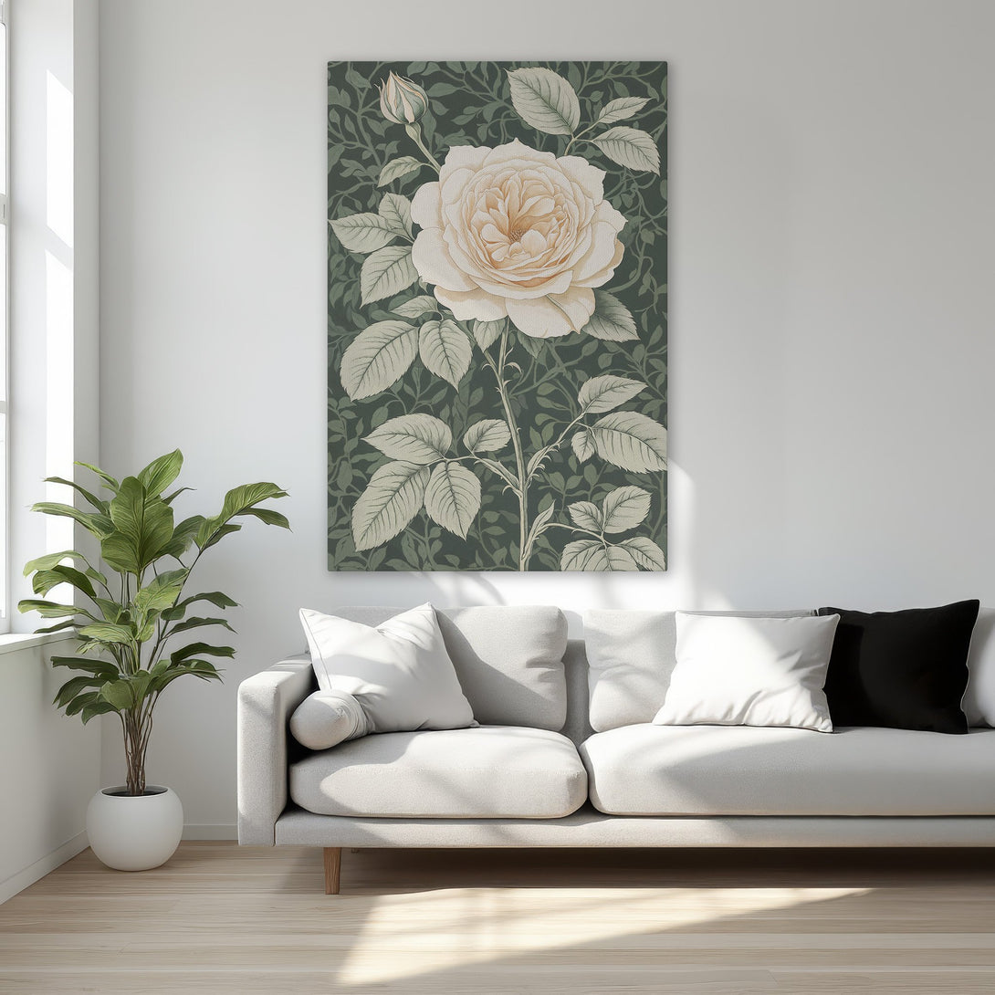 Framed Wall Art: Elegant floral print canvas featuring a cream rose against a dark green backdrop. Classic style, perfect for bedroom decor.