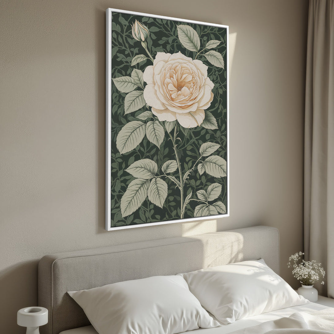 Framed Wall Art: Vintage rose canvas print in a serene bedroom. Features a botanical design with a cream and green color palette for a touch of elegance.
