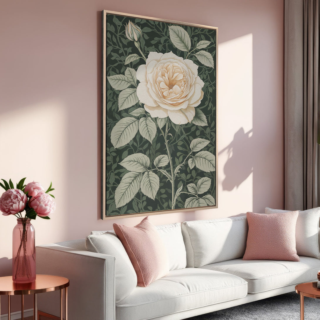 Framed Wall Art featuring a vintage rose illustration in a botanical style. Soft, muted color palette with green, cream, and blush tones. Perfect for adding elegance to any space.