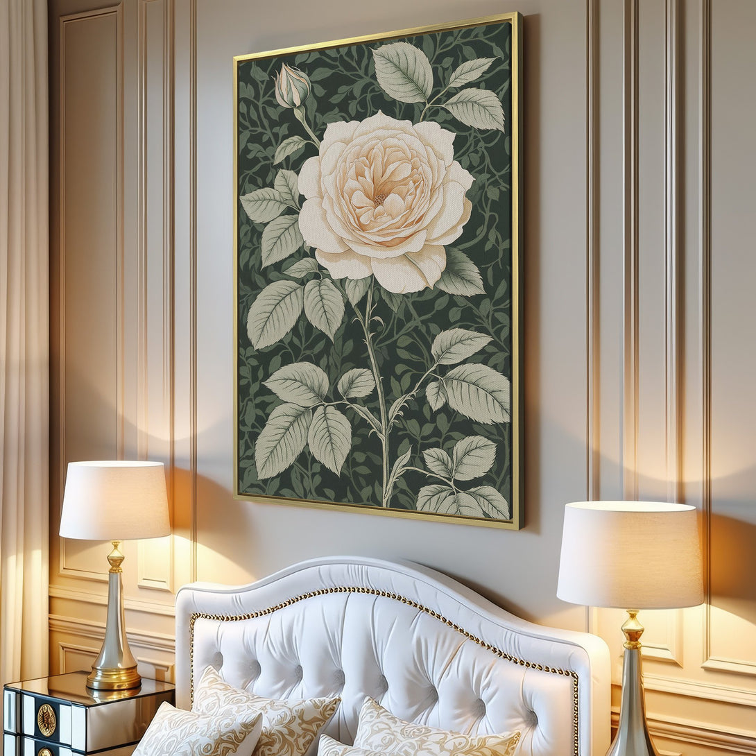 Canvas Print of a vintage rose illustration in a serene interior. Features a soft, neutral color palette with green and cream tones.