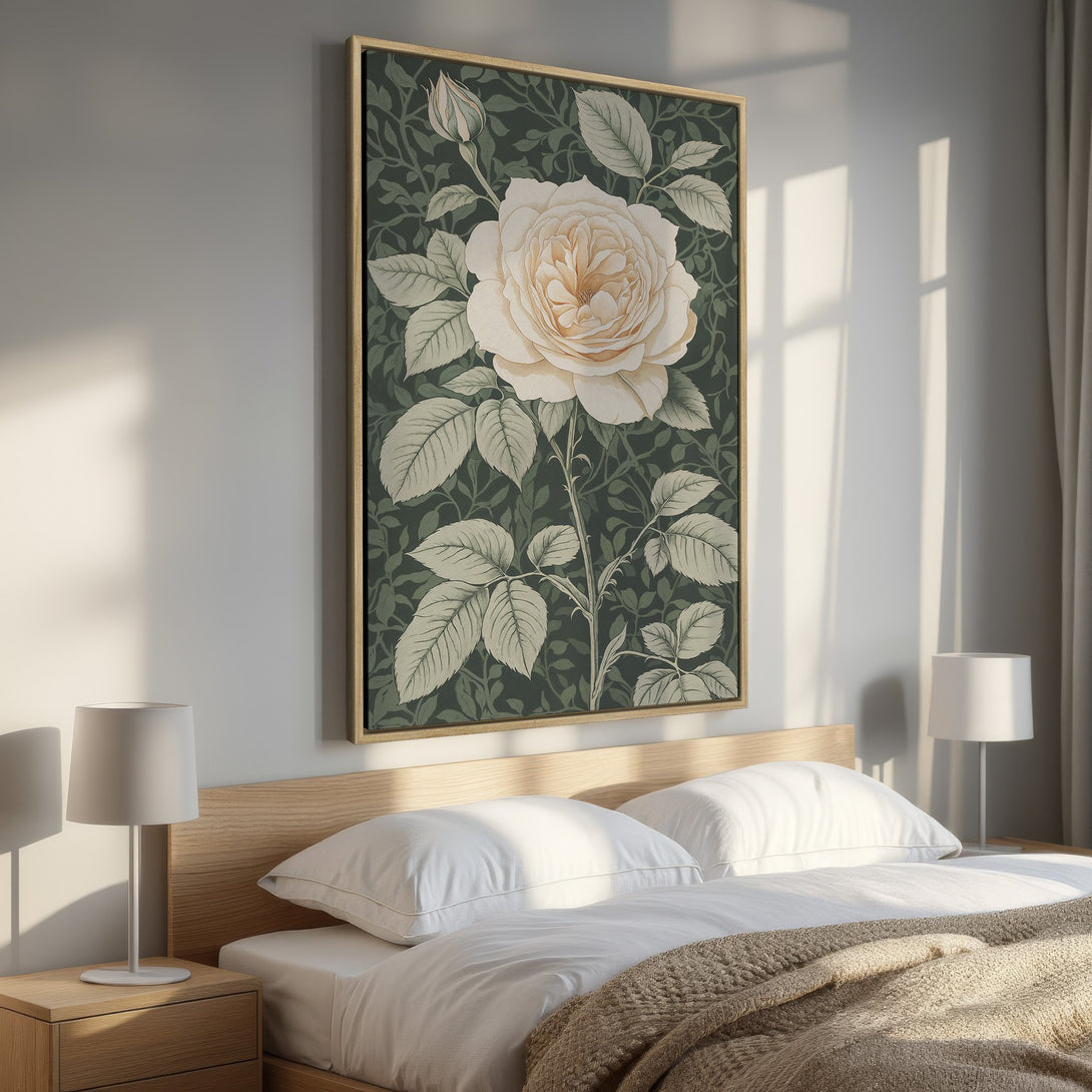 Framed Wall Art featuring a large, elegant rose in a botanical style with a green and cream color palette. Perfect for bedroom decor!