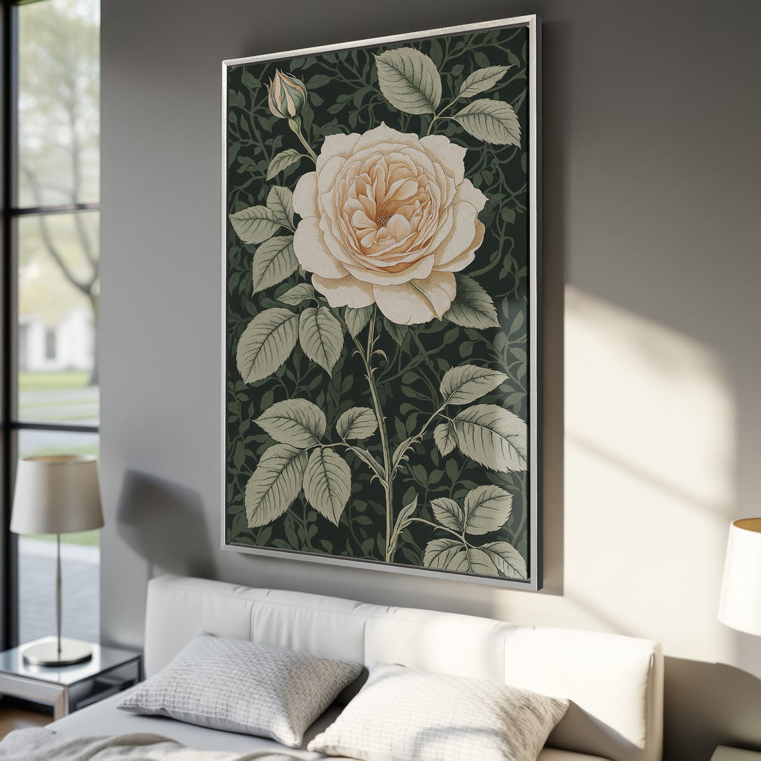 Framed Wall Art: Elegant botanical print featuring a large rose in a dark green and cream color palette. Perfect for adding a touch of nature to your home decor.