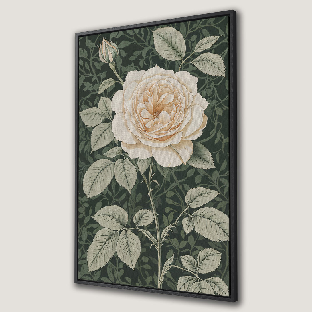 Framed Wall Art featuring a vintage-style rose illustration. Earthy tones of cream and green create a calming aesthetic, perfect for adding elegance to any room.