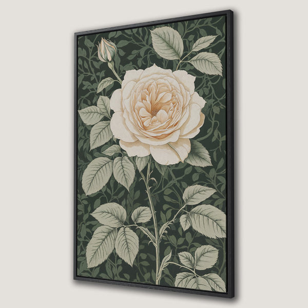 Framed Wall Art featuring a vintage-style rose illustration. Earthy tones of cream and green create a calming aesthetic, perfect for adding elegance to any room.
