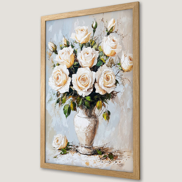 Framed Poster of white roses in a vase, art print in a neutral color palette, perfect for home decor.
