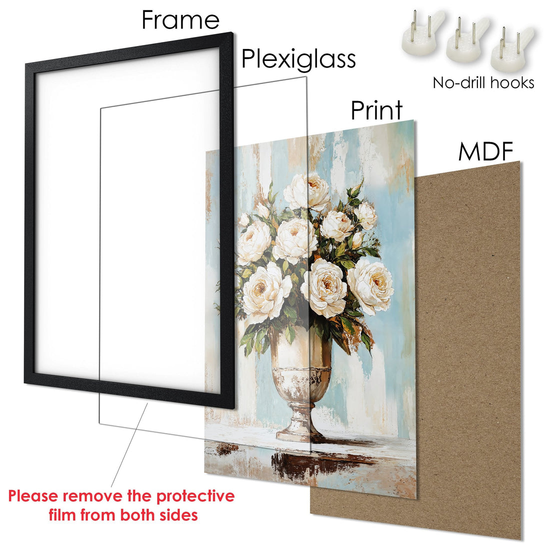 Framed Poster of white roses in a vase, impressionist style with a soft blue and beige palette. Ready to hang!