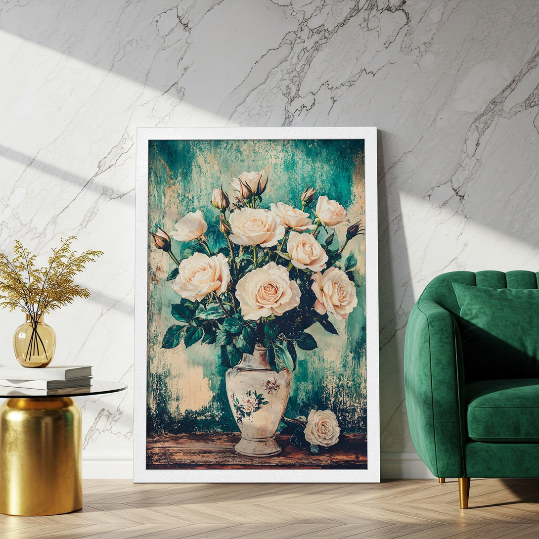 Framed Poster featuring a floral still life with roses. Vintage style, soft color palette with teal, cream, and green tones. Perfect wall art!