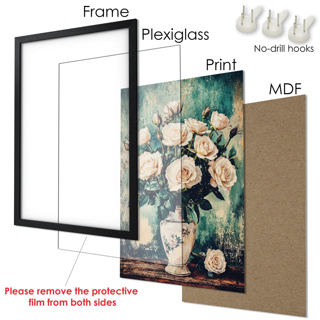Framed Poster featuring a vintage floral still life. Romantic style with a teal and cream color palette. Perfect wall art for your home!