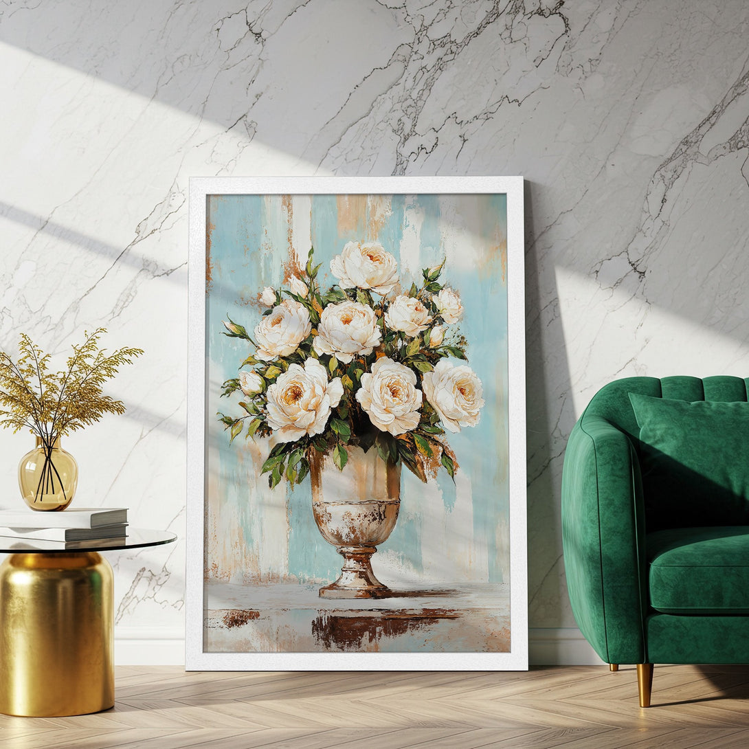 Framed Poster featuring a floral still life in a vintage style, with a soft blue and cream color palette. Perfect for home decor!