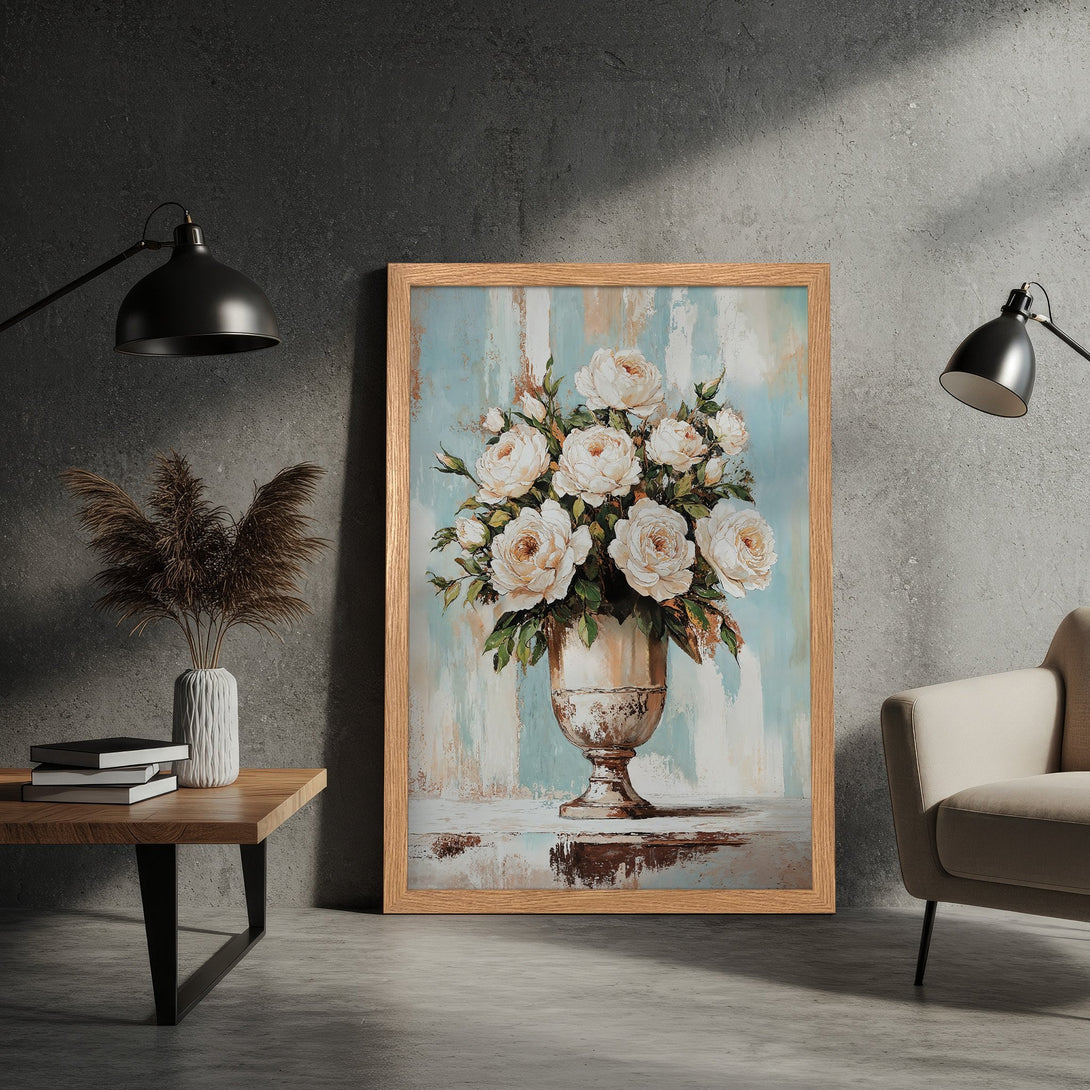 Framed Poster featuring a floral still life painting in soft pastel colors. Perfect wall art for any room!
