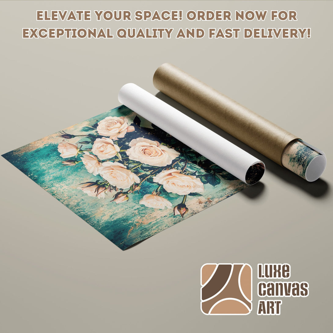 Floral Poster Roll with teal and beige color palette, vintage style, ready to elevate your space!