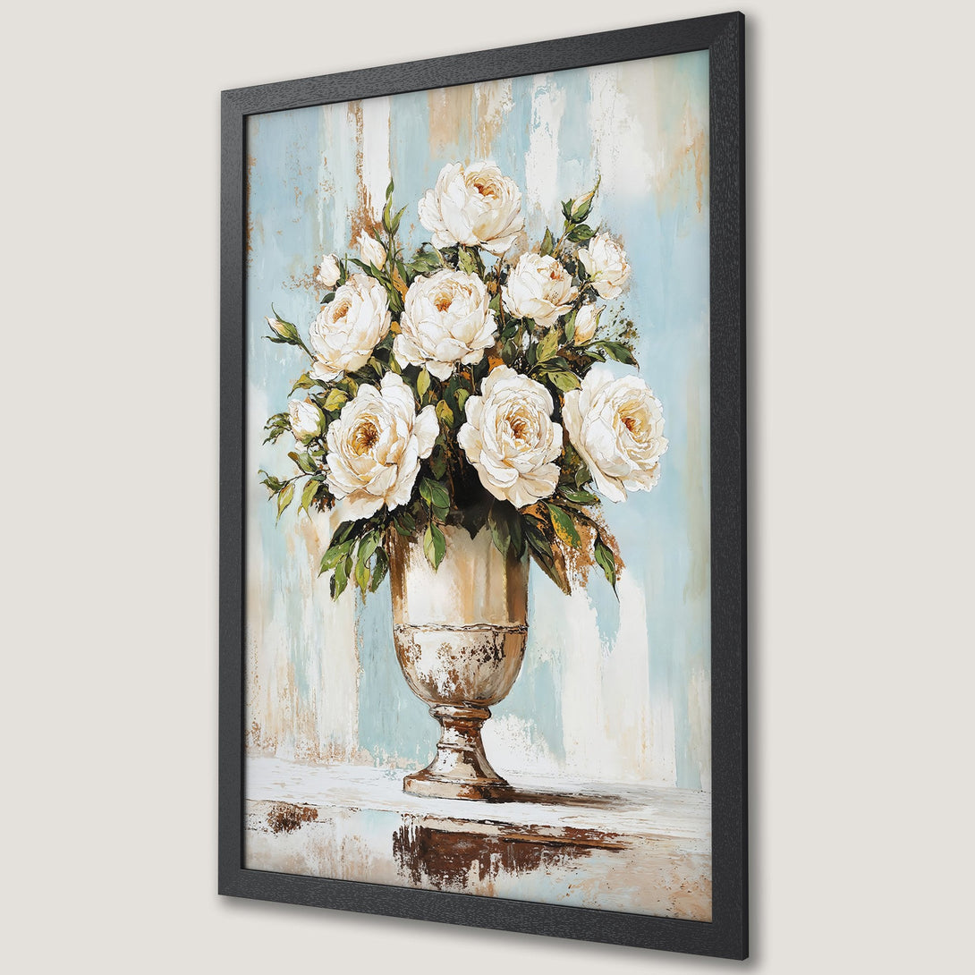 Framed Poster featuring a floral still life with white roses, in a vintage style, with a soft blue and cream color palette.