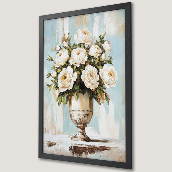 Framed Poster featuring a floral still life with white roses, in a vintage style, with a soft blue and cream color palette.