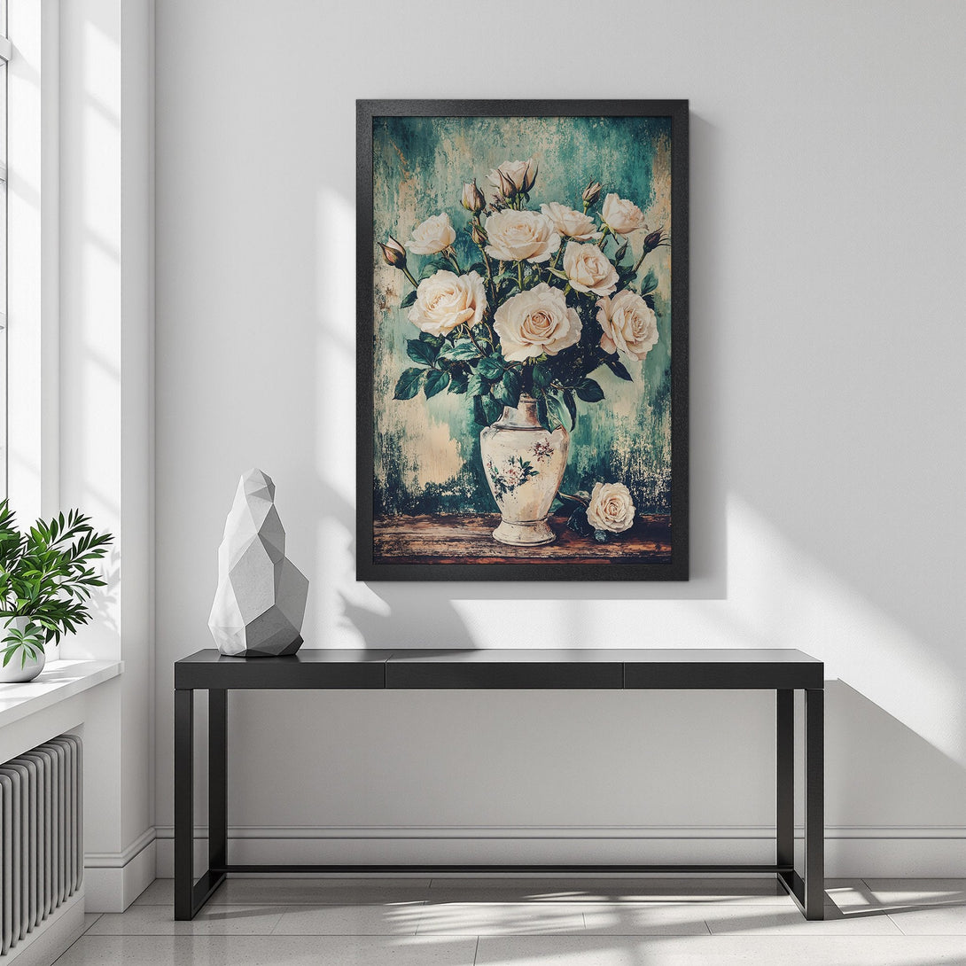 Framed Poster of white roses in a vase, vintage style, with teal and cream color palette, perfect wall art.
