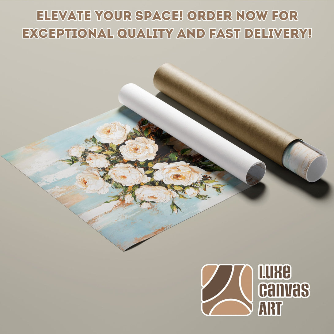 Poster Roll featuring a floral watercolor painting in soft blues, beige, and white. Elevate your space!