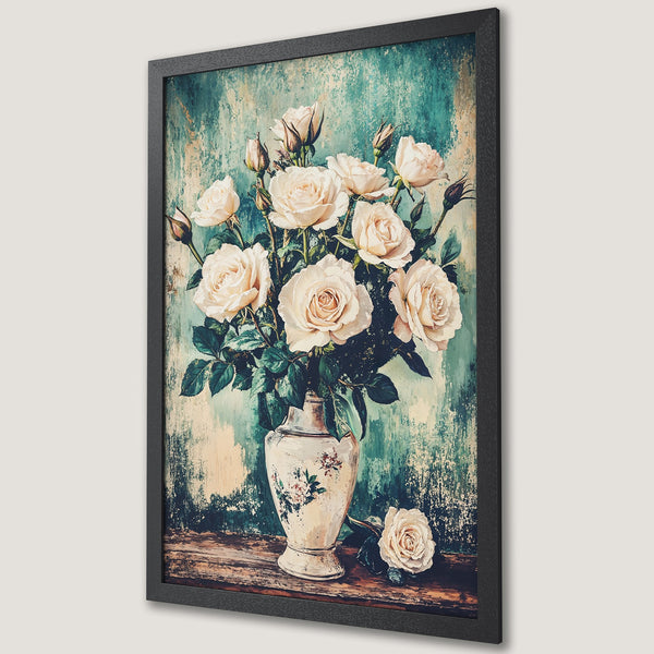 Framed Poster featuring a floral still life of white roses in a vase, vintage style, with a teal and cream color palette.