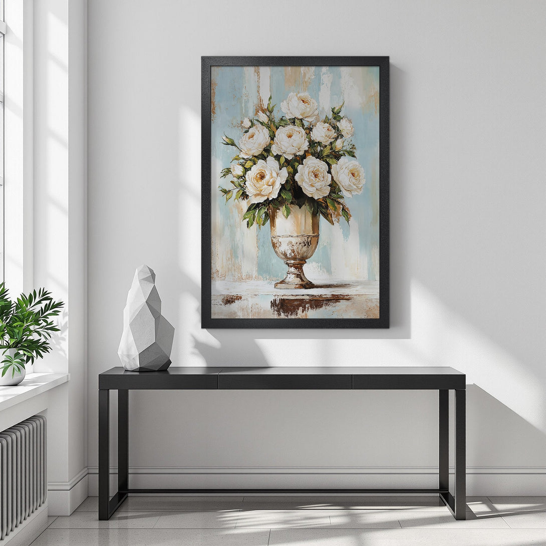 Framed Poster featuring a floral still life painting in a vintage style with a soft blue and cream color palette. Perfect wall art!