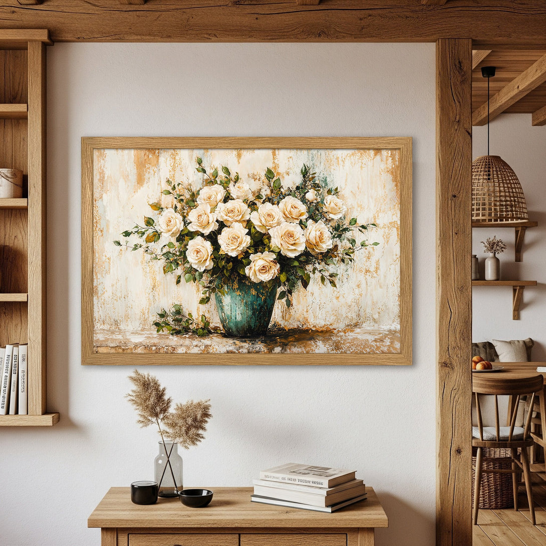 Framed Poster featuring a floral still life in a vintage style with a warm, neutral color palette. Perfect for home decor!