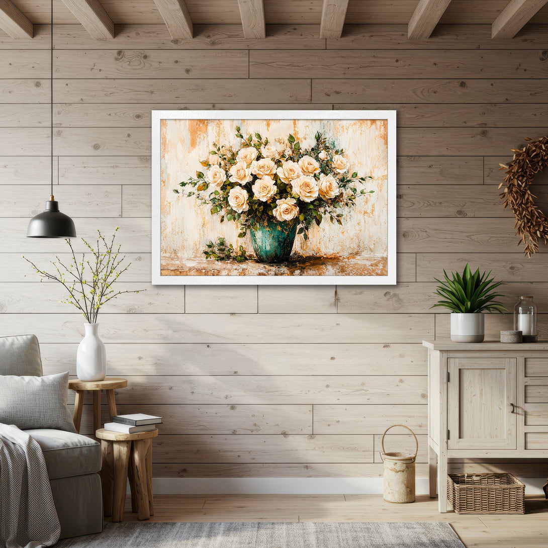 Framed Poster featuring a floral still life in a vintage style, with a warm, neutral and teal color palette. Perfect wall art!