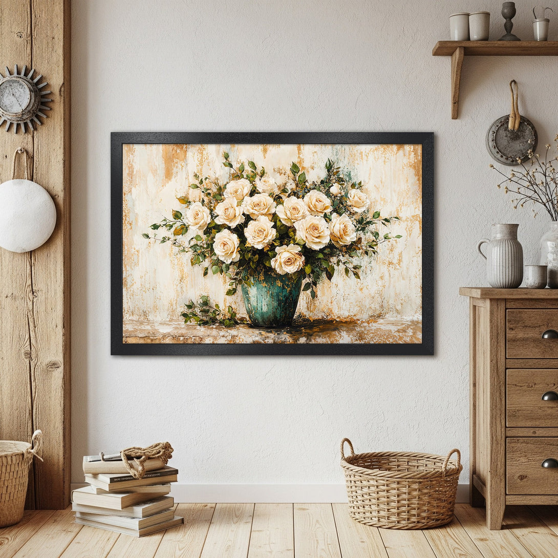 Framed Poster of elegant roses in a vase. Vintage style with warm beige and green tones. Perfect wall art.
