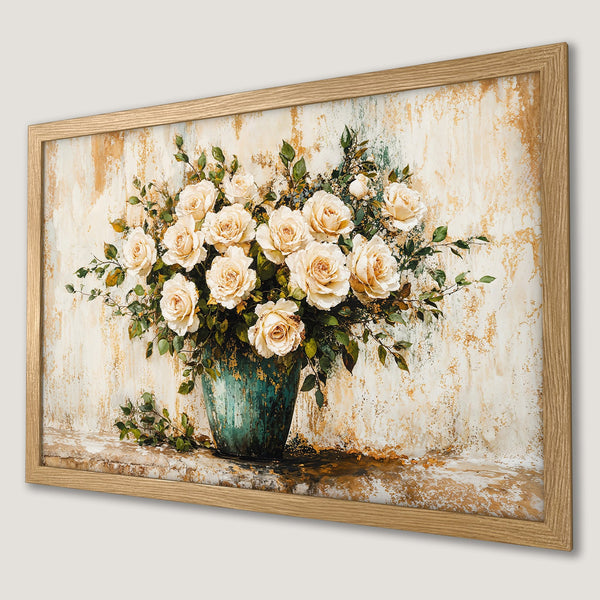Framed Poster of roses in a vase. Artistic style with a warm, neutral color palette. Perfect floral wall art for your home.