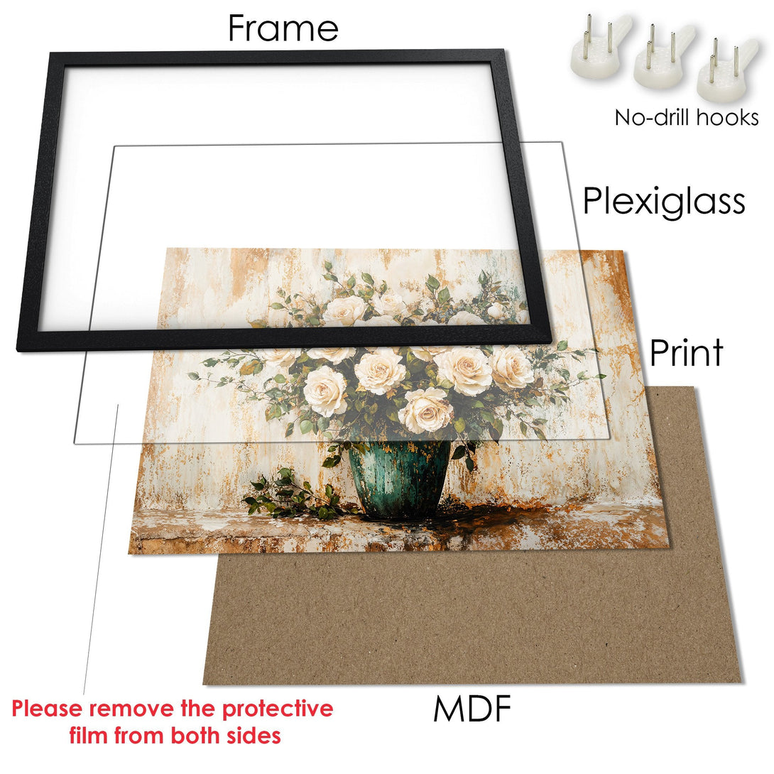 Framed Poster featuring a floral still life in a vintage style with a warm, neutral color palette. Perfect wall art for your home!