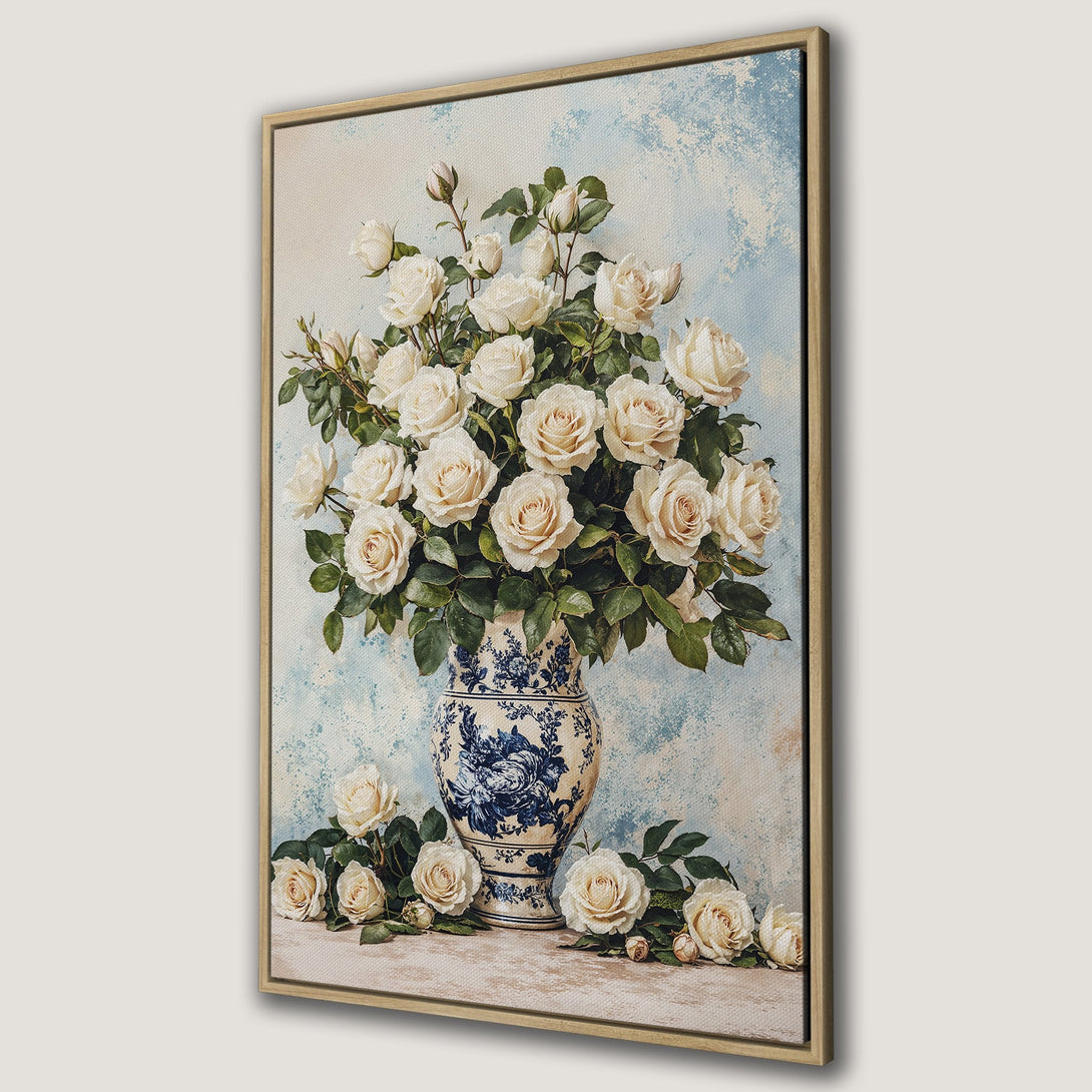 Framed Wall Art: Elegant floral still life Canvas Print featuring white roses in a blue and white vase. Soft, pastel color palette for a classic touch.