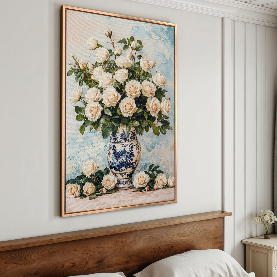 Framed Wall Art featuring a floral still life of roses in a blue and white vase. Soft, elegant style with a pastel color palette. Perfect home decor.