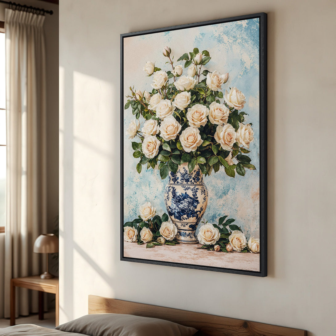 Framed Wall Art: Elegant floral canvas print featuring a bouquet of white roses in a blue and cream palette, perfect for adding a touch of sophistication.
