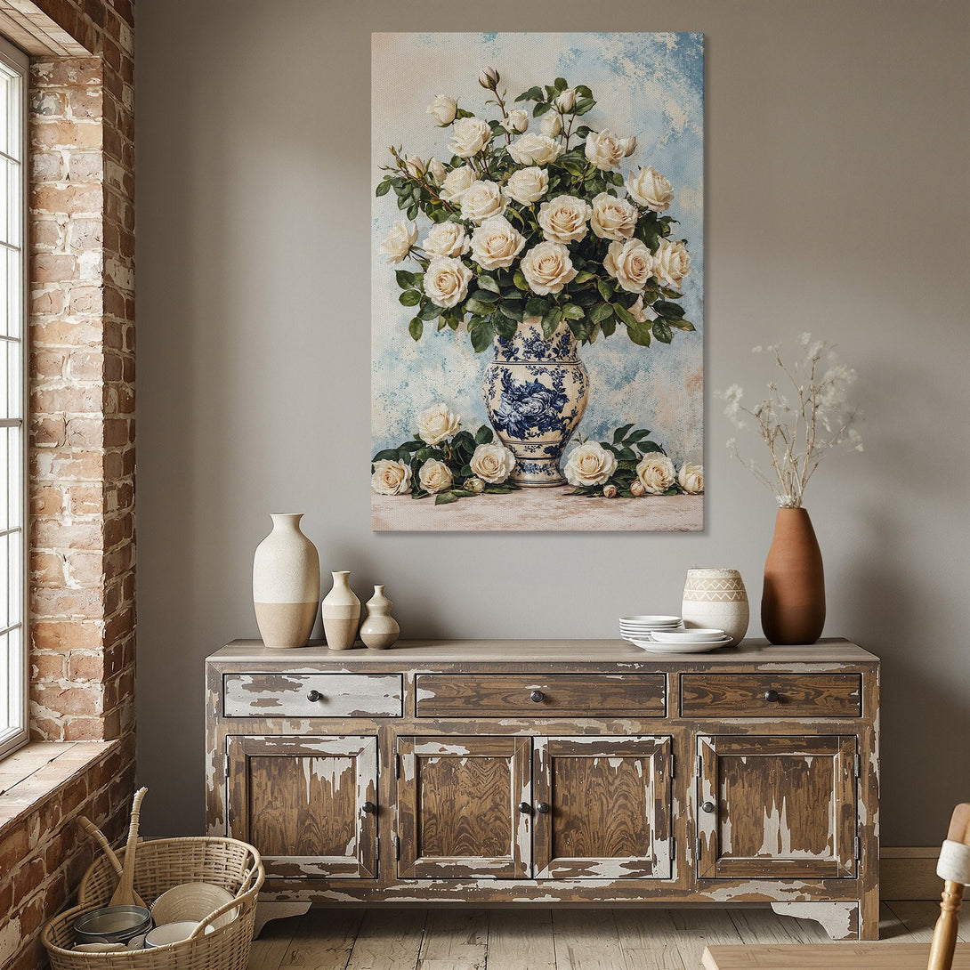 Framed Wall Art: Elegant floral Canvas Print of white roses in a blue and white vase. Soft, neutral color palette complements any interior decor.