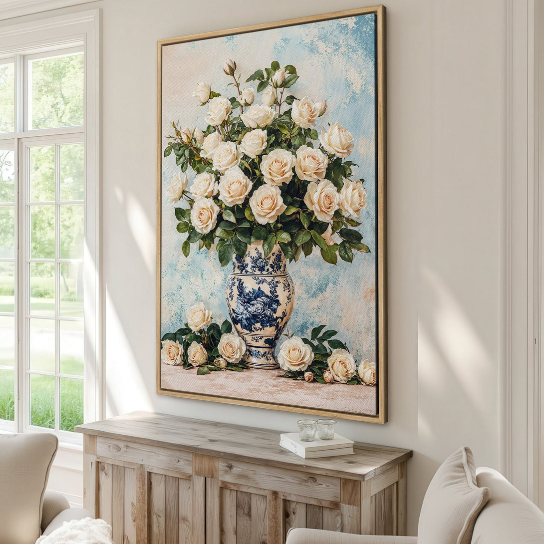 Framed Wall Art featuring a classic floral still life of roses in a vase, with a soft, neutral color palette. Perfect for adding elegance to any room.