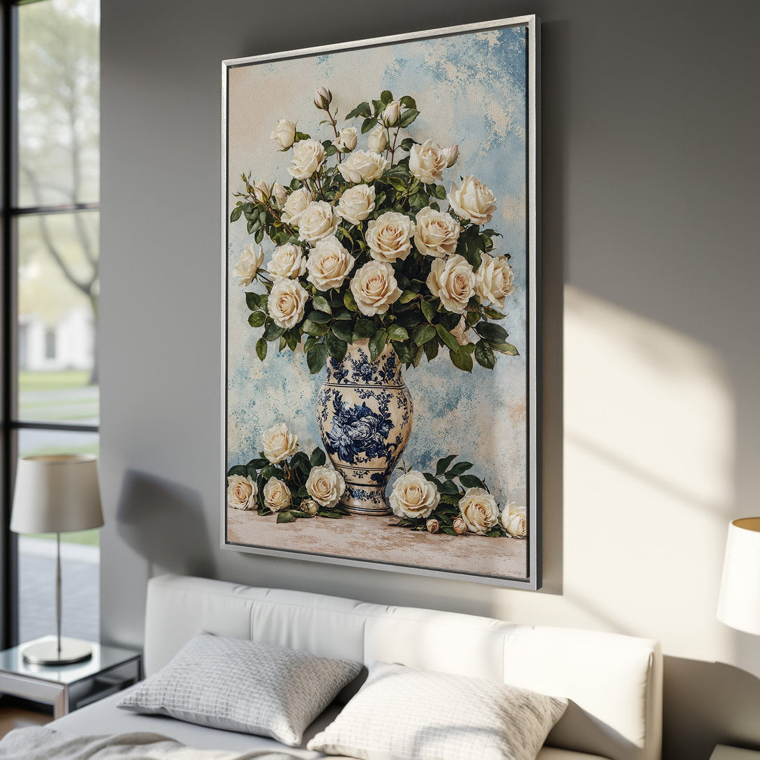 Framed Wall Art featuring a classic still life of white roses in a vase. Soft, romantic style with a muted blue and cream color palette. Perfect for bedroom decor.