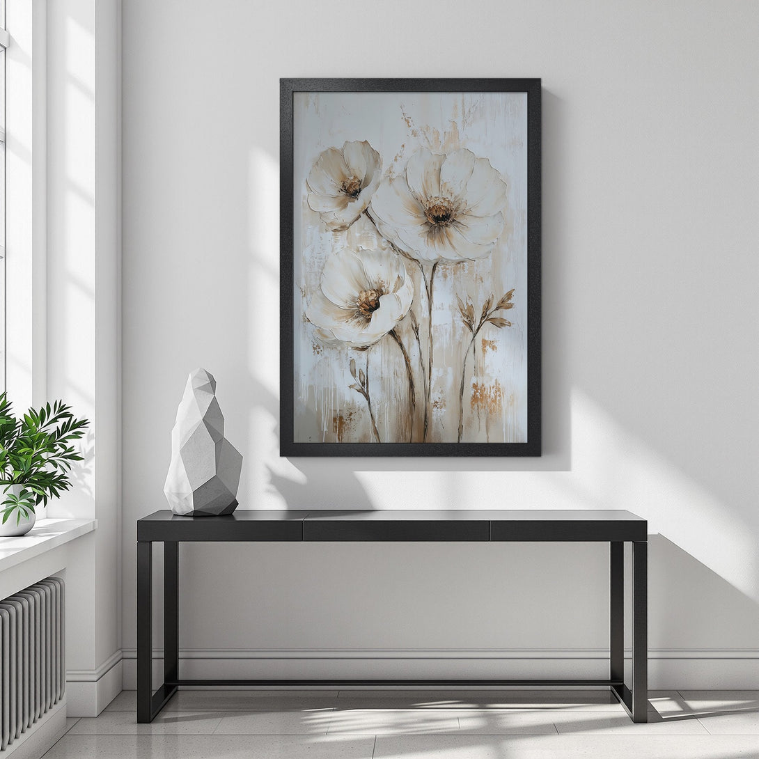 Framed Poster featuring elegant white floral art with a neutral, warm color palette. Perfect for modern home decor.
