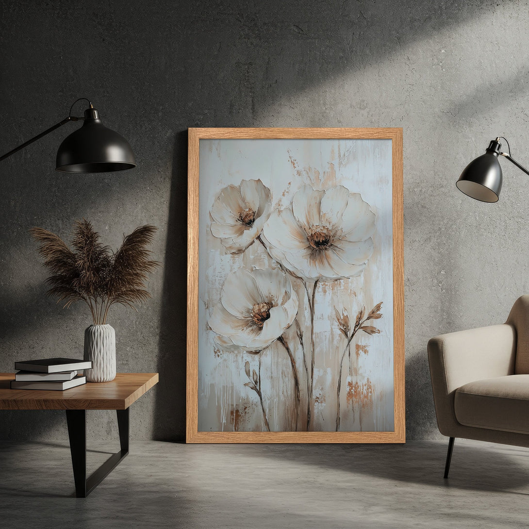 Framed Poster featuring elegant floral art in neutral tones. Perfect for adding a touch of sophistication to any space.