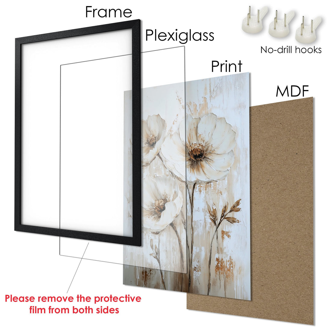 Framed Poster featuring elegant floral art in a neutral color palette. Perfect wall decor for a modern aesthetic.